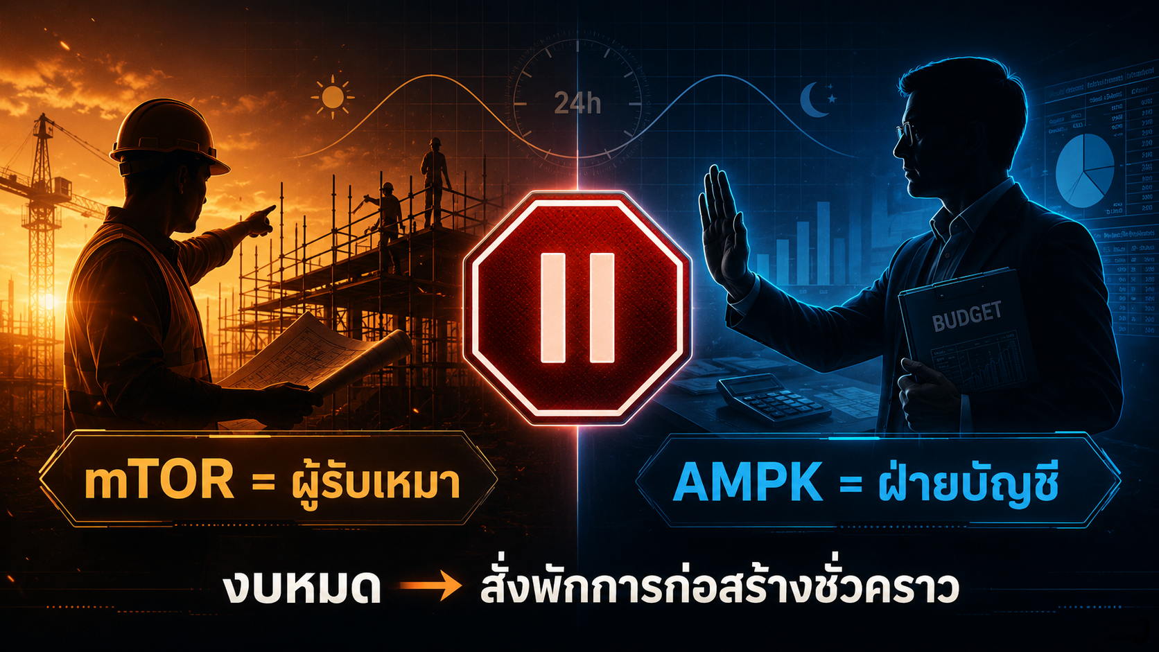 mTOR คือผู้รับเหมาที่กำลังสร้างกล้ามเนื้อ ส่วน AMPK คือฝ่ายบัญชีที่เดินมาบอกว่า “งบหมดแล้ว”