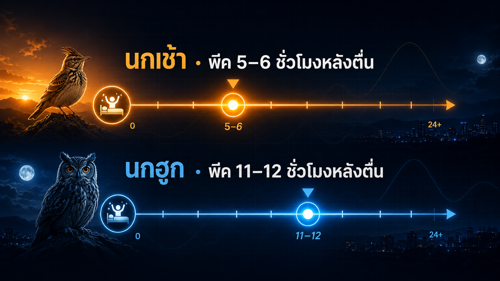 นกเช้าพีคที่ 5–6 ชั่วโมงหลังตื่น ส่วนนกฮูกพีคที่ 11–12 ชั่วโมงหลังตื่น