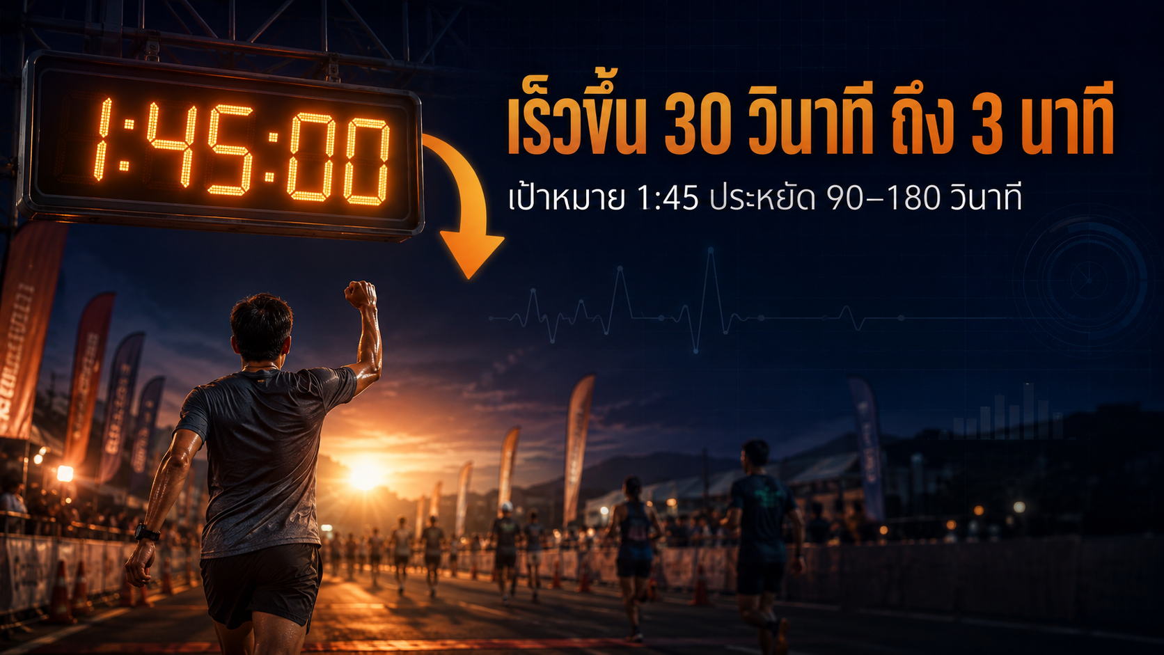 นาฬิกาเส้นชัยแสดงเวลา 1:45:00 พร้อมข้อความว่าการผ่อนซ้อมช่วยให้เร็วขึ้น 30 วินาที ถึง 3 นาที