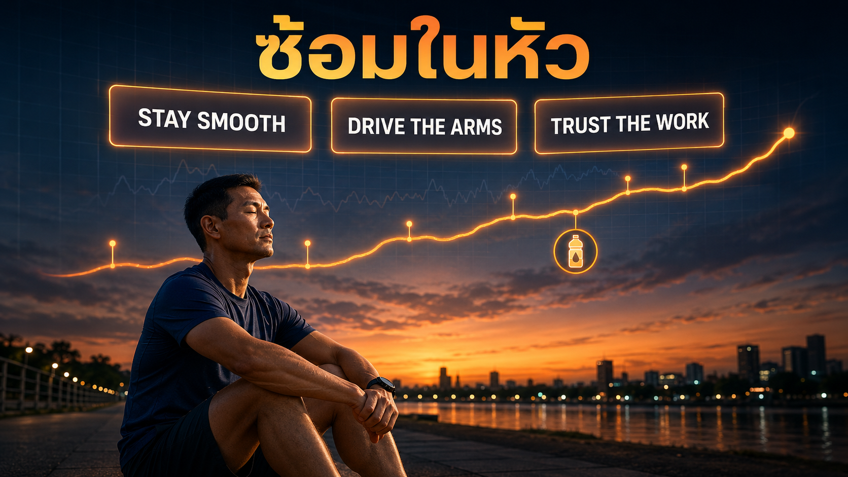 นักวิ่งนั่งหลับตาซ้อมในหัว พร้อมคำพูดกับตัวเอง Stay Smooth, Drive the Arms, Trust the Work