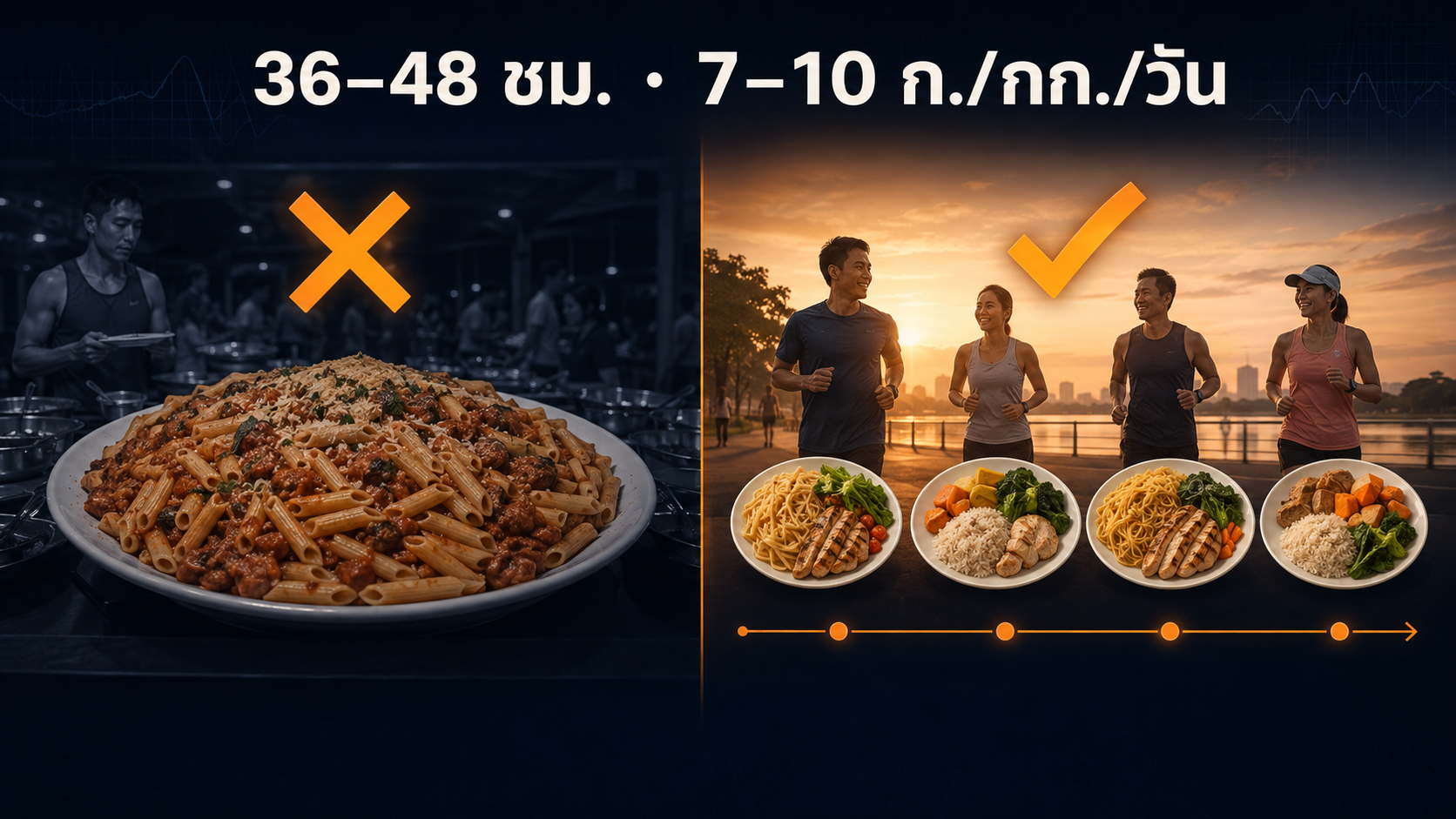 เปรียบเทียบการโหลดคาร์บที่ผิดคือพาสต้าจานยักษ์มื้อเดียว กับที่ถูกคือเพิ่มคาร์บทุกมื้อตลอด 36-48 ชั่วโมง