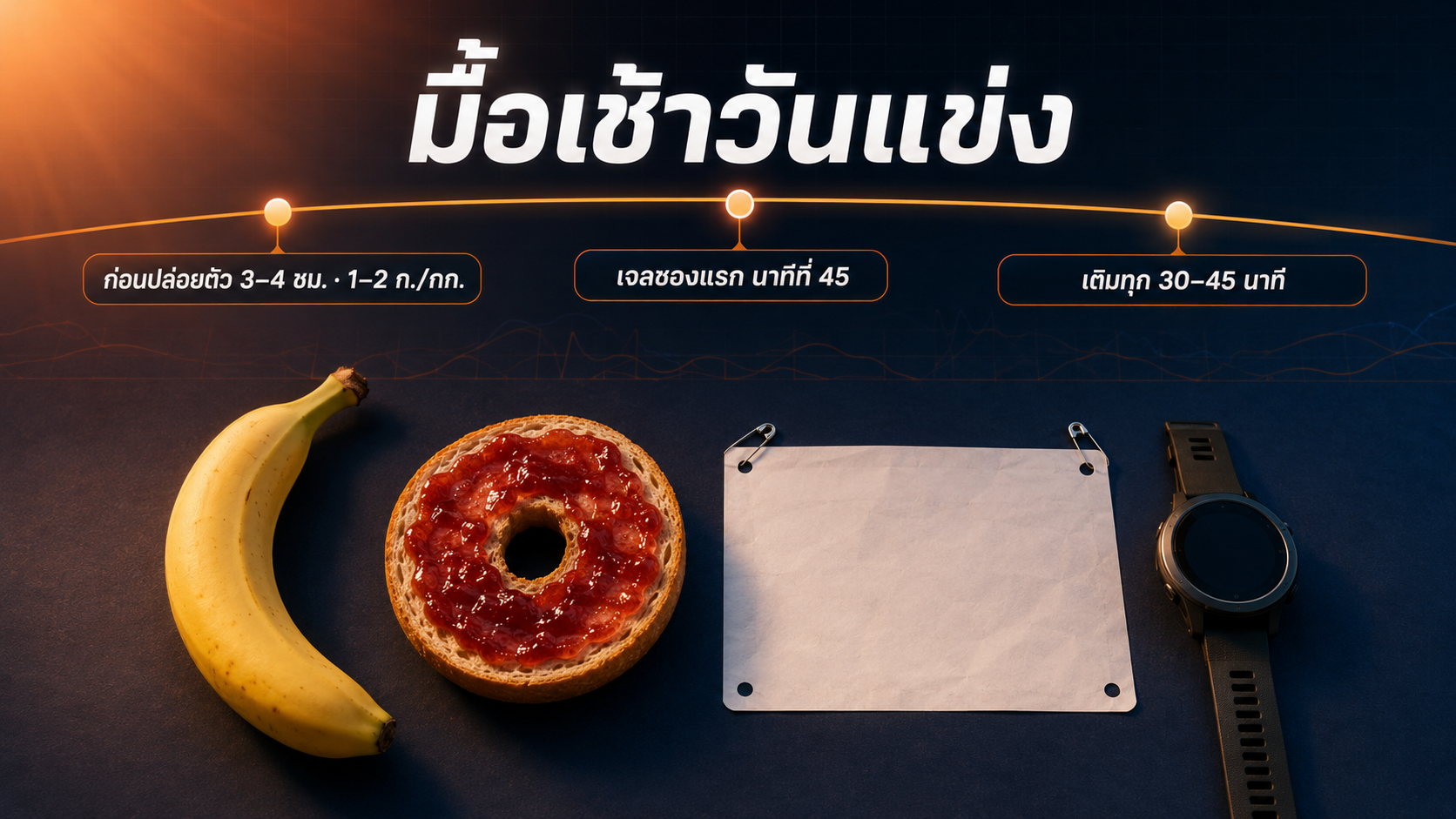 อาหารเช้าวันแข่ง กล้วยและเบเกิลทาแยม พร้อมไทม์ไลน์การเติมเจลระหว่างวิ่ง