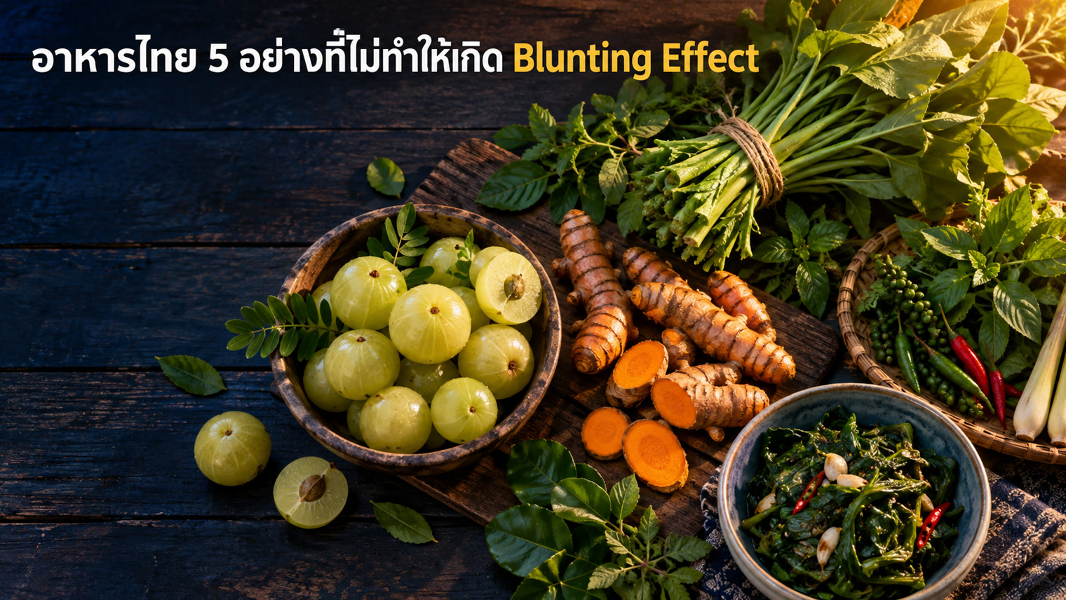 อาหารไทย 5 อย่าง - มะขามป้อม ขมิ้นชัน ผักเชียงดา ผักแพว และใบยอ