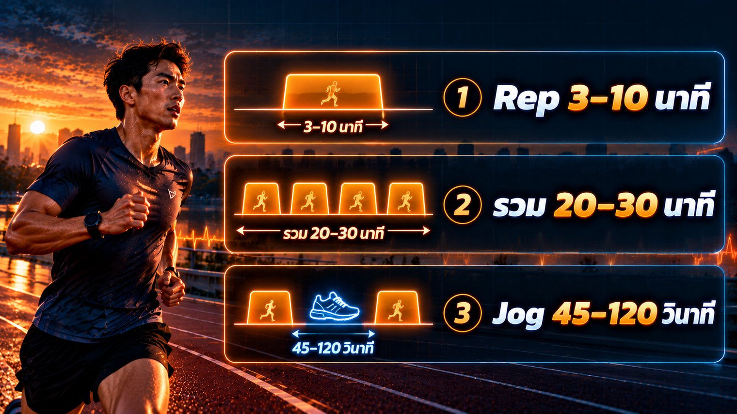 Rep 3–10 นาที รวม 20–30 นาที Jog 45–120 วินาที